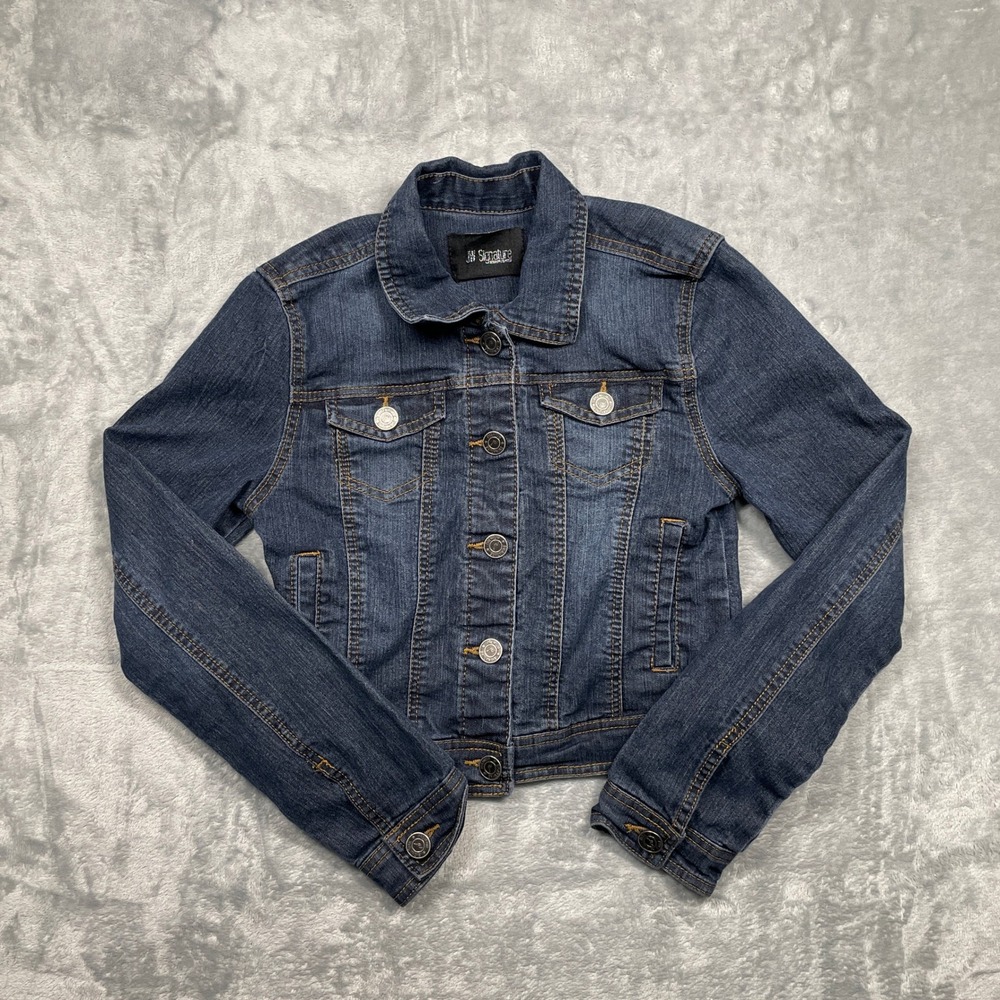 JW Signature Denim Jacket Womens Size S Dark Wash Blue Stretch Collared